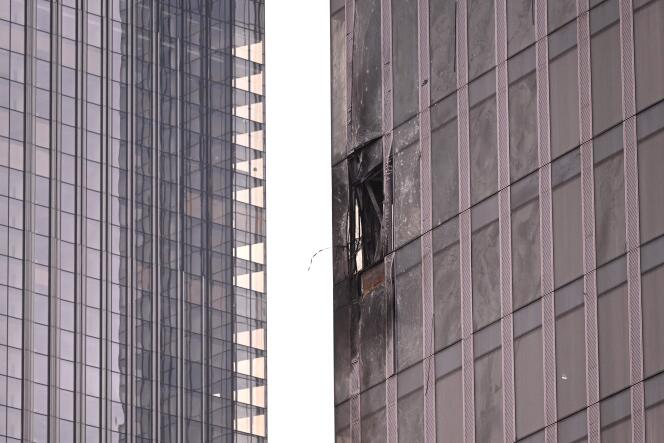 A damaged building ibthe Moscow International Business Center following a drone attack in Moscow on August 23, 2023.