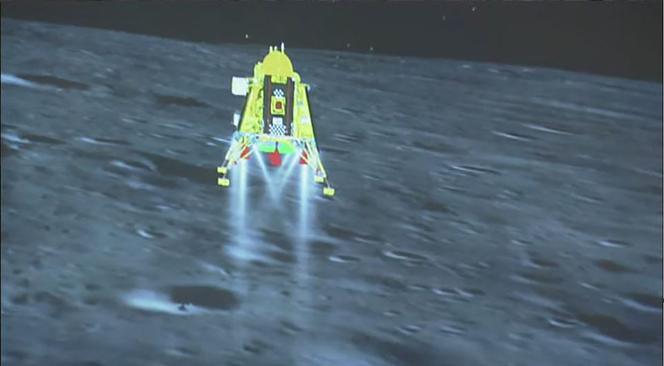 This screenshot taken and received from the Indian Space Research Organization website on August 23, 2023, shows the Chandrayaan-3 spacecraft seconds before its successful lunar landing on the Moon's South Pole.