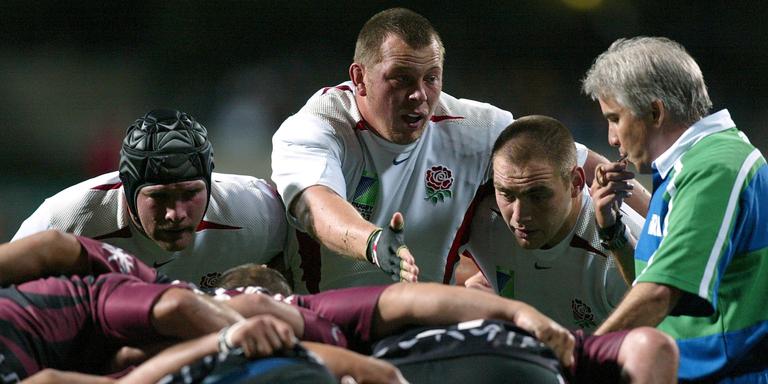 Rugby Union - Rugby World Cup 2003 , England v Georgia , Pool C - Subiaco Oval , Perth - 12/10/03
England's Phil Vickery, Steve Thompson and Trevor Woodman enter the scrum
Mandatory Credit:Action Images / Andrew Budd