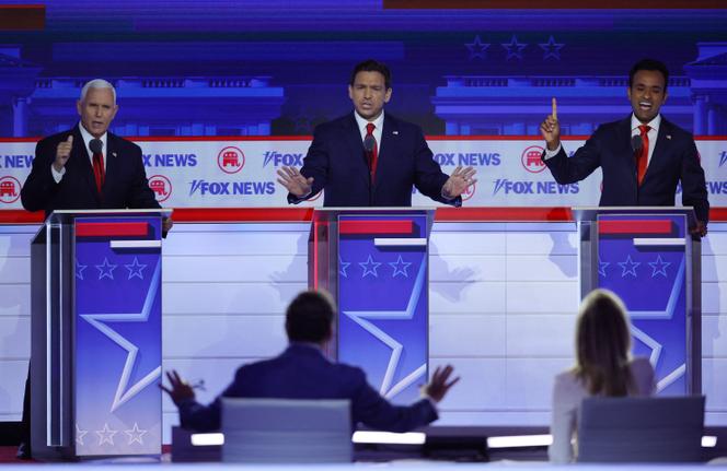 Former US vice president Mike Pence, Florida Governor Ron DeSantis and former biotech executive Vivek Ramaswamy in Milwaukee, Wisconsin, August 23.