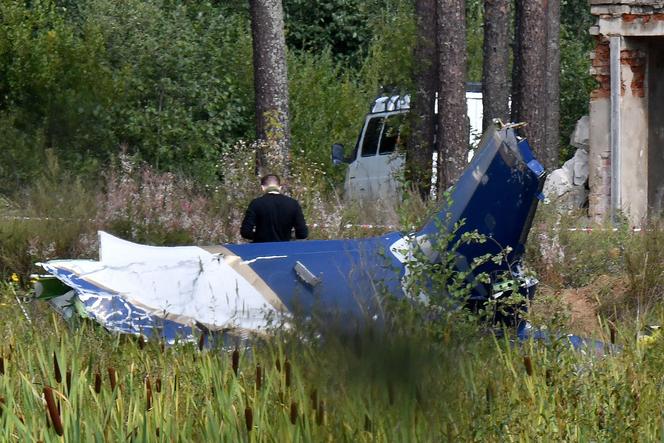 A law enforcement officer works at the site of a plane crash near the village of Kuzhenkino, Tver region, on August 24, 2023. 