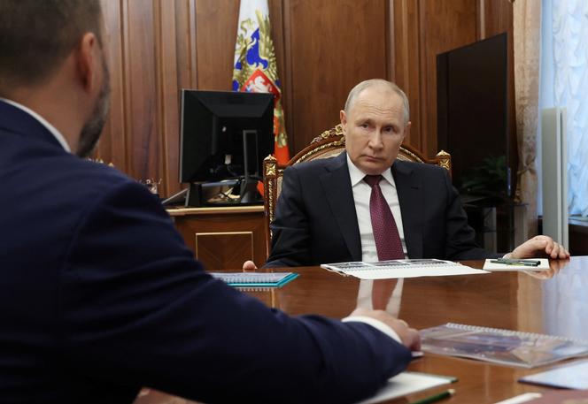 Russian President Vladimir Putin attends a meeting with Denis Pushilin, Moscow-installed acting leader of the Russian-controlled parts of Ukraine's Donetsk region, in Moscow, Russia August 24, 2023.