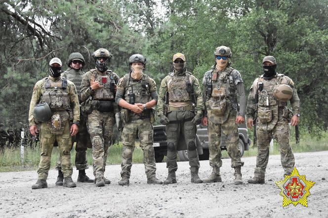 Photo posted on July 20, 2023, on the Belarusian Ministry of Defense's Telegram channel, showing joint training of Wagner group fighters with Belarusian special forces servicemen, at the Brestsky base, Belarus.