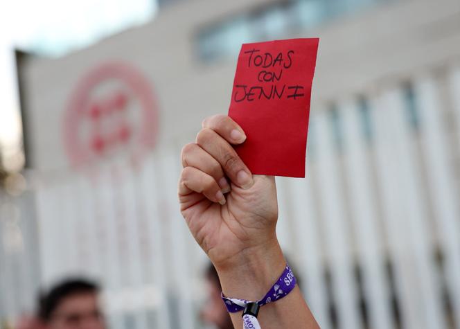 People protest outside the Spanish Football Federation in Spain on August 25, 2023.