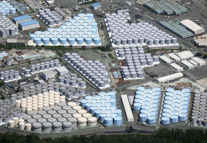 Tanks containing treated radioactive wastewater from the Fukushima Daiichi nuclear power plant, in Fukushima, northern Japan, on August 22, 2023.