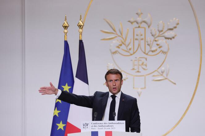 Emmanuel Macron lors de la conférence des ambassadeurs au palais de l’Elysée, le 28 août 2023. 