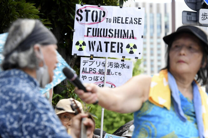Protesters hold a rally against the dumping of treated radioactive water from the damaged Fukushima nuclear power plant outside the office of the Japanese Prime Minister on Friday, August 25, 2023, in Tokyo, Japan.