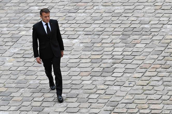 Emmanuel Macron, at the national tribute to Jean-Louis Georgelin, the former general in charge of restoring Notre-Dame de Paris, in Paris, on August 25, 2023.