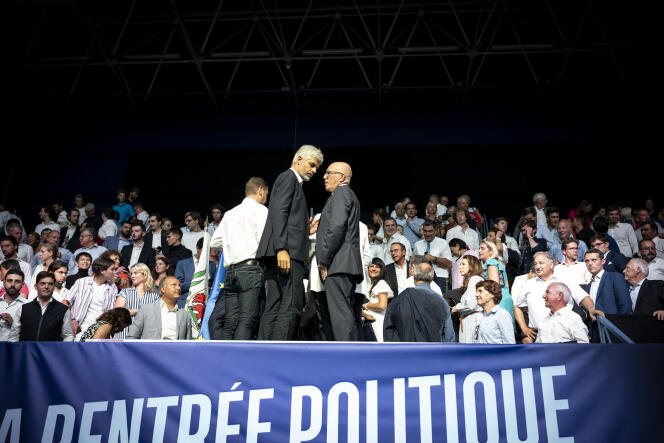 Laurent Wauquiez y Eric Ciotti, en Cannet (Alpes Marítimos), por el regreso político de los republicanos, el 27 de agosto de 2023.