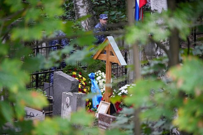 Flowers are seen on the memorial for Wagner chief Yevgeny Prigozhin after a funeral at the Porokhovskoye cemetery in Saint Petersburg, Russia, on August 29, 2023.