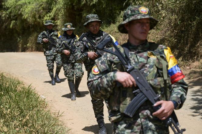 Guerrilla fighters from the FARC dissidence Jaime Martinez walk on a road near the town of Suarez, department of Cauca, Colombia on August 30, 2023. The EMC dissident group, which rejected a 2016 peace deal that disarmed the FARC, will start direct peace talks with the Colombian governement on August 31. (Photo by JOAQUIN SARMIENTO / AFP)