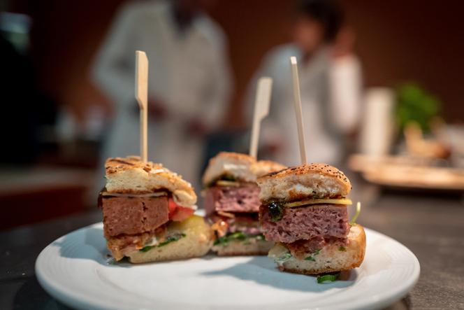 Veggie steak burgers are photographed at the headquarters of Swiss group Firmenich, one of the world's leading flavor manufacturers, in Satigny, near Geneva, on June 30, 2021.