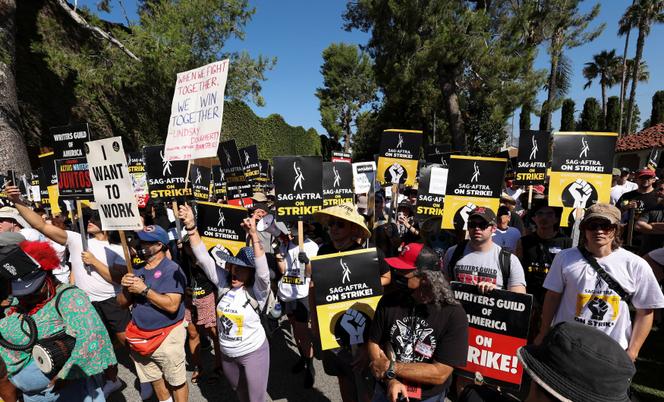 Actors and writers at a demonstration outside Walt Disney Studios, Burbank, California, August 22, 2023.