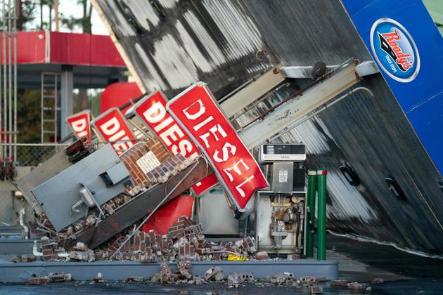 A storm-damaged gas station in Perry, Florida, on August 30, 2023.