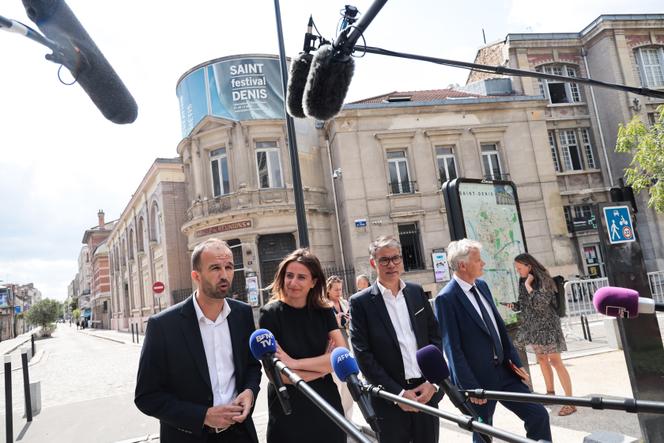 Representatives of the Nouvelle Union Populaire et Sociale, Manuel Bompard (La France Insoumise), Marine Tondelier (Europe Ecologie-Les Verts), Olivier Faure (Parti Socialiste) and Fabien Roussel (Parti Communiste), before the meeting with Emmanuel Macron in Saint-Denis on August 30, 2023.