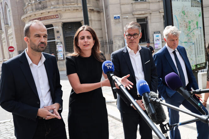 Les représentants des partis de la Nupes, le 30 août 2023 à Saint-Denis : Manuel Bombard (LFI), Marine Tondelier (EELV), Olivier Faure (PS) et Fabien Roussel (PCF).