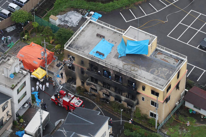 Après l’incendie du studio 1 de Kyoto Animation (ou KyoAni), qui a fait 36 morts et 32 blessés, à Kyoto (Japon), le 18 juillet 2019.
