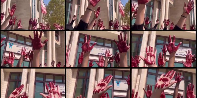 Video capture: Students from the Faculty of Art at Azad University in Sohanak organize a performance to protest against all the murders perpetrated by the regime. Teheran, October 10, 2022.
Anonymous author