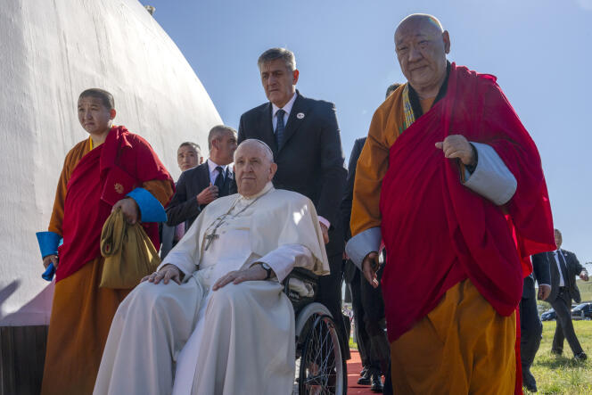 Pope Francis surrounded by religious leaders in Mongolia, Sunday September 3, 2023. 