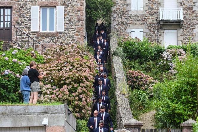 Players from the Chilean national rugby team arrive to attend their team's welcoming ceremony at the Perros-Guirec (Côtes-d'Armor) convention center on September 3, 2023, prior to the Rugby World Cup France 2023.