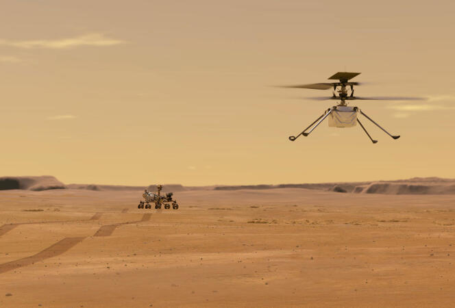 Vue d’artiste d’un vol de l’hélicoptère martien Ingenuity avec, représenté en arrière-plan, le rover Perseverance.