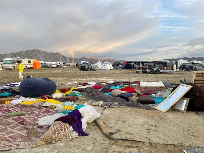 Muddy desert plain seen on September 3, 2023, after heavy rains turned the annual Burning Man festival site in Nevada’s Black Rock desert into a mud pit.