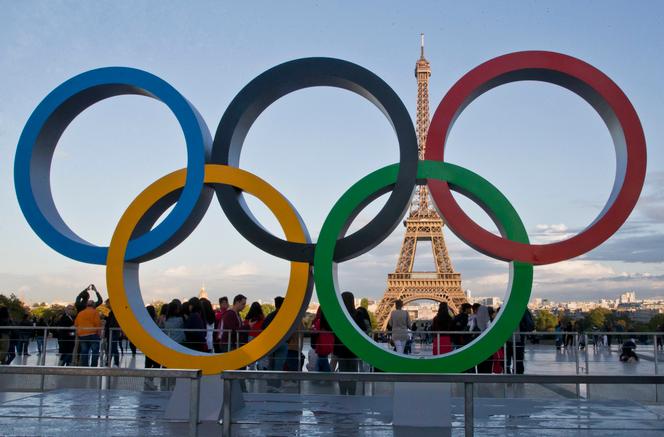 Olympic rings are set up at Trocadero plaza that overlooks the Eiffel Tower, in Paris, in 2017.