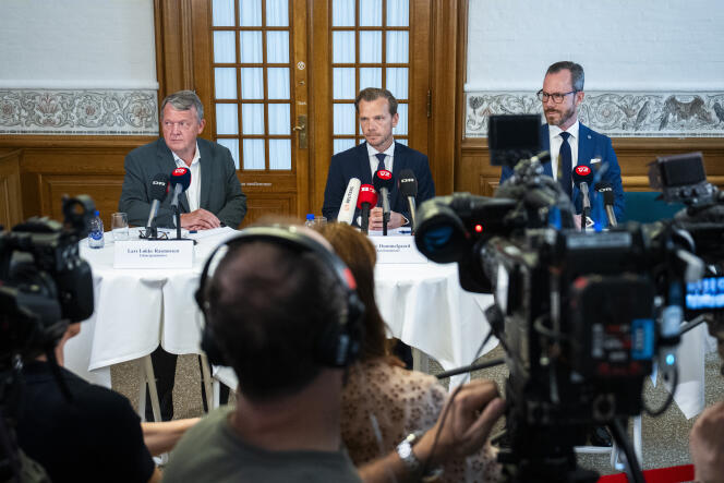 Danish Foreign Minister Lars Loekke Rasmussen, Justice Minister Peter Hummelgaard and Deputy Prime Minister Jakob Ellemann-Jensen in Copenhagen, August 25, 2023.
