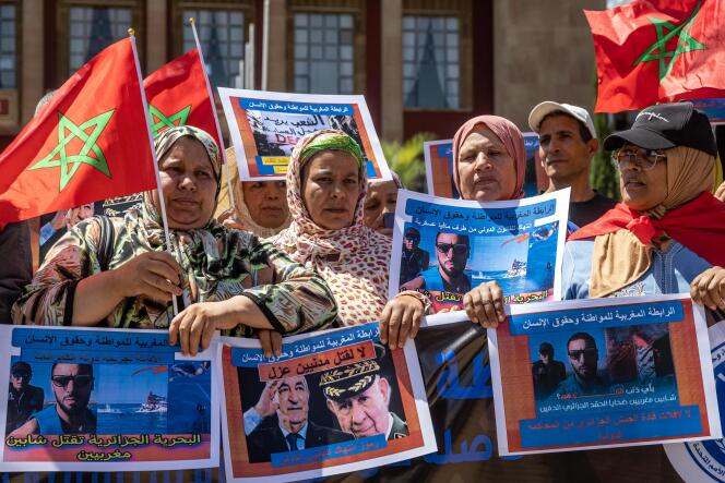 Moroccans protest against Algeria after the death of two holidaymakers, including a Franco-Moroccan, killed on August 29 by the Algerian coast guard in the Mediterranean Sea.  In Rabat, September 4, 2023.