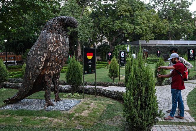 In a New Delhi park, a metal sculpture depicts the Bundesadler, Germany's national bird, on September 5, 2023.