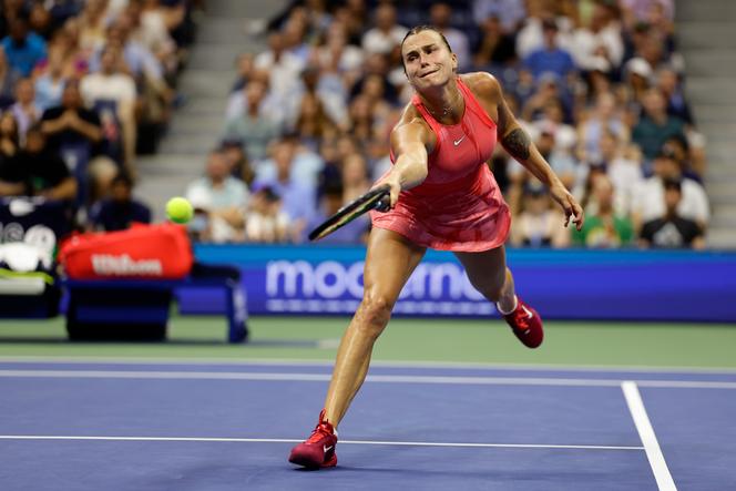 Aryna Sabalenka, of Belarus, reaches for a shot by Daria Kasatkina, of Russia, during the fourth round of the US Open tennis championships, Monday, September 4, 2023, in New York.