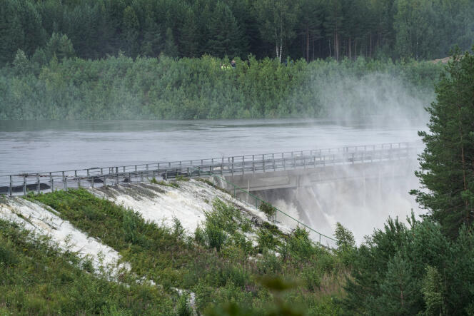 The Braskereidfoss hydroelectric dam in Norway overflows after heavy rains on August 9, 2023.
