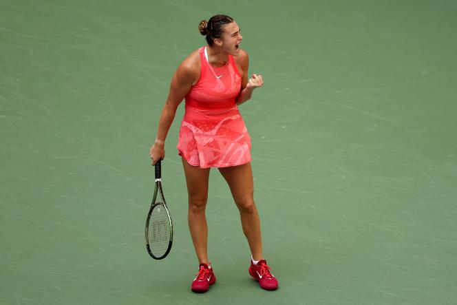 Aryna Sabalenka of Belarus celebrates a point against Qinwen Zheng their quarterfinal on September 6, 2023, in New York.