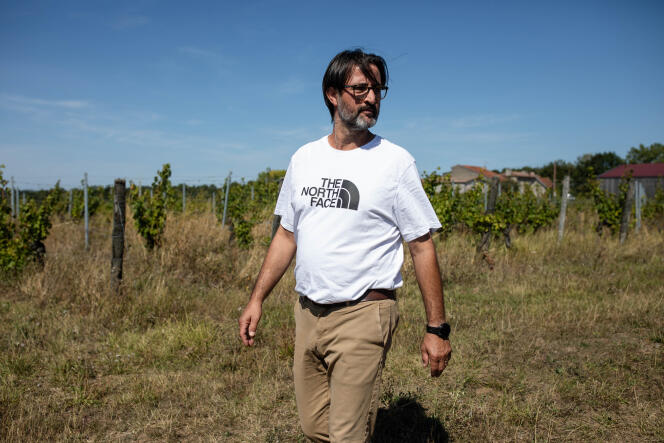 Sébastien Léglise, viticulteur à Castelviel, au domaine Falgueyret-Léglise, dans l’Entre-deux-Mers, le 8 août 2023. 