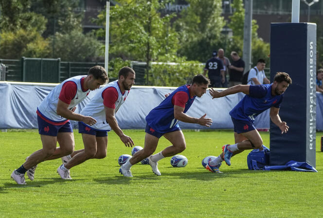 Players of the French team during a training session at their base camp, in Rueil-Malmaison (Hauts-de-Seine), September 5, 2023.