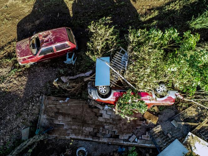 View of vehicles destroyed by the floods caused by a deadly extratropical cyclone in Roca Sales, Rio Grande do Sul state, in Brazil, on September 6, 2023.