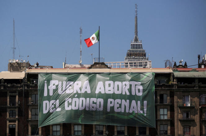 A banner advocating for the decriminalization of abortion, on Women's Day, on the Zocalo, in Mexico City, March 8, 2023. 