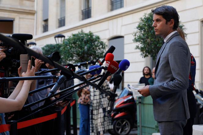 Education and Youth Minister Gabriel Attal gives a press conference after a 15-year-old teenager, who was a victim the previous year of psychological harassment, killed himself in Poissy, on September 6, 2023.