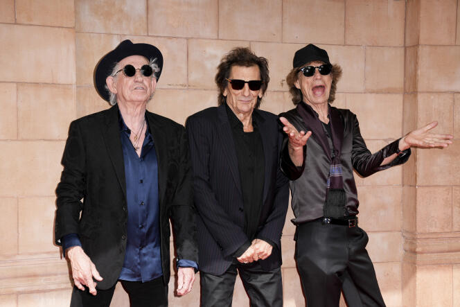 Keith Richards, Ronnie Wood and Mick Jagger pose for photographers ahead of the presentation of their new album 'Hackney Diamonds' on September 6, 2023, in London.