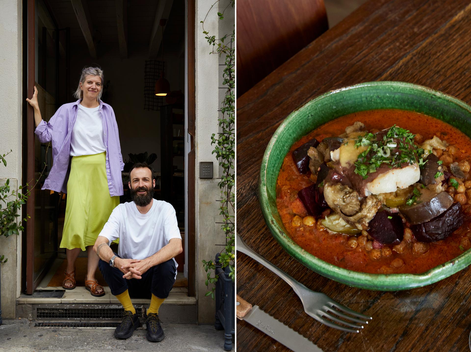 Left: Emmanuelle and François-Xavier Durieu, head waiter and head chef at Textures, Nîmes, on August 29, 2023. Right: the restaurant's shakshuka with heirloom tomatoes, marinated cod and mole.