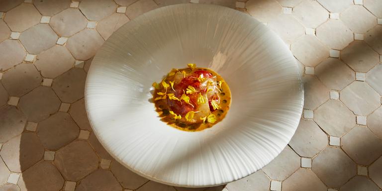 MAGALI PAULIN FOR LE MONDE Shrimp Rougail dish, created by Georgiana Viou, Michelin-starred chef at the Rouge restaurant, Margaret-Hôtel Chouleur, on August 29, 2023.