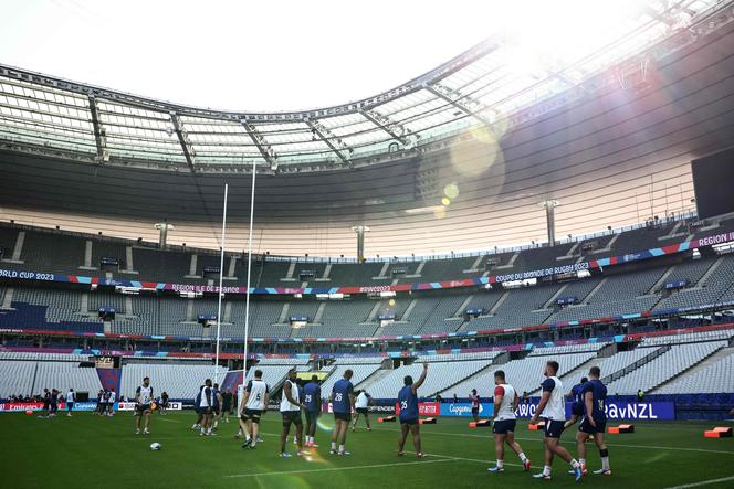 French players take part in a training session at the Stade de France in Saint-Denis, near Paris on September 7, 2023, on the eve of the opening match of the Rugby World Cup 2023. 