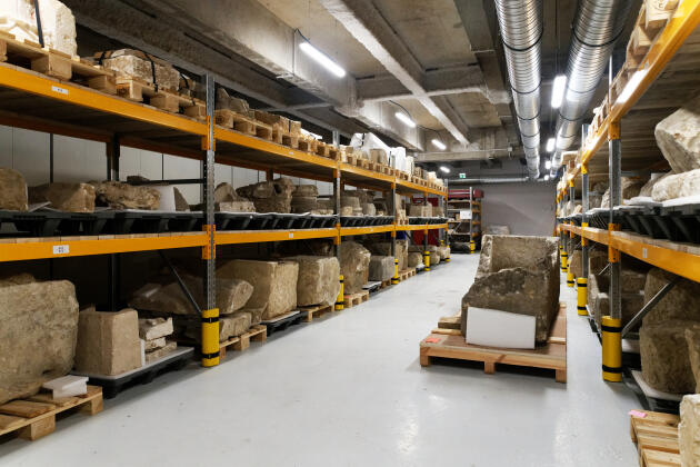 The main room of the Parisian archaeological reserves houses more than 7,500 boxes of archaeological objects and nearly 120 pallets of sculpted lapidary elements.  At the archaeological center of the City of Paris (18th arrondist), in June 2023.