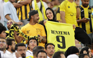 Fans gather at at Al-Ittihad's stadium in Jeddah to welcome former Real Madrid striker Karim Benzema, on June 8, 2023. Benzema was unveiled as an Al-Ittihad player in front of thousands of fans in Saudi Arabia on June 8, a day after the oil-rich kingdom just failed to reel in Lionel Messi. (Photo by AFP)