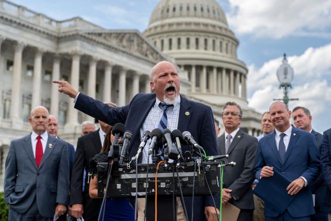 Chip Roy, Republican elected official from Texas, and members of the conservative Freedom Caucus, at a press conference in Washington, September 12, 2023.