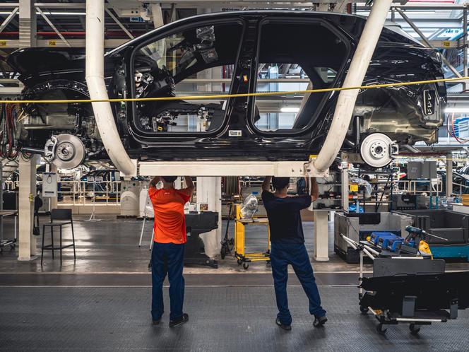 The assembly line for Peugeot's E-3008 electric car, at the Sochaux plant in Doubs, France, on September 13, 2023.