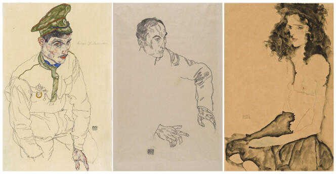 Les trois œuvres de l’artiste autrichien Egon Schiele : de gauche à droite, « Prisonnier de guerre russe » (1916) ; « Portrait d’un homme » (1917) ; « Fille aux cheveux noirs » (1911),