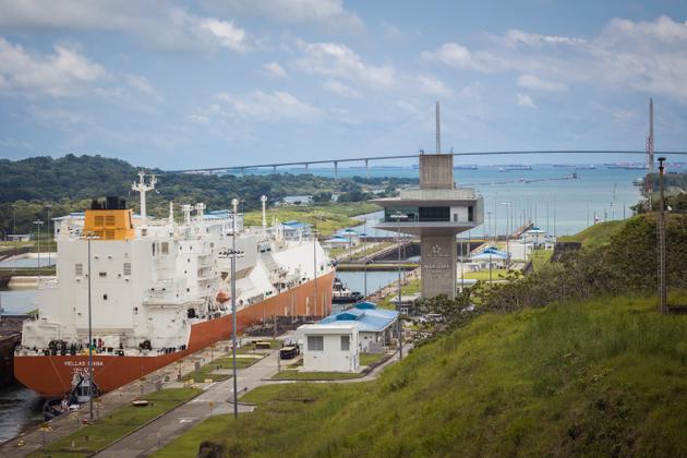The "Hellas Diana", an LNG carrier, passes through the Agua Clara locks on the Atlantic side of Colon (Panama) on September 5, 2023.