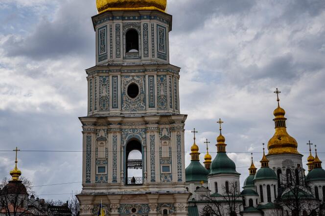 The bell tower of Saint Sophia Cathedral in central kyiv on April 8, 2023.