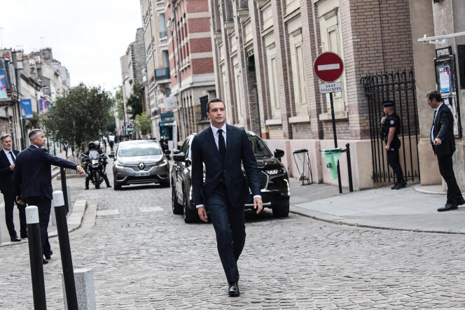 The president of the National Rally, Jordan Bardella, in Saint-Denis (Seine-Saint-Denis) for the meeting of party leaders with Emmanuel Macron, August 30, 2023. 
